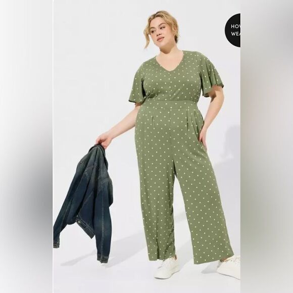 torrid Pants - Torrid Stretch Challis Flutter Sleeve Jumpsuit 5X Honey Dots Olivine